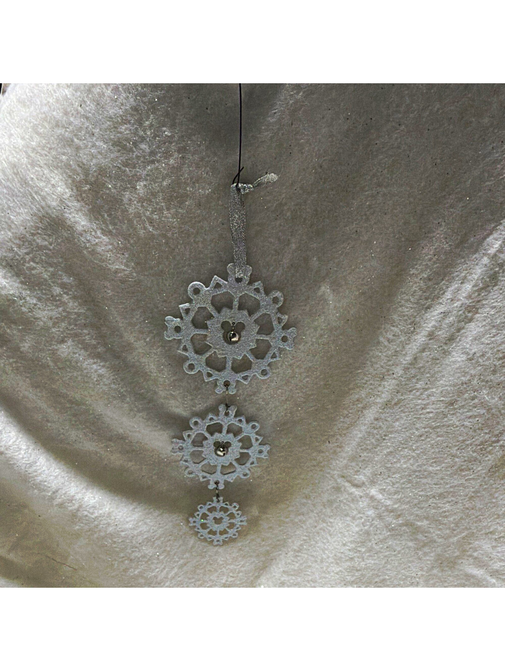 Disney Mickey Mouse Snowflake Dangle Ornament White Glitter Ribbon